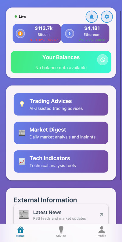 Crypto AI Advisor app dashboard showing market overview, portfolio performance, and AI trading recommendations